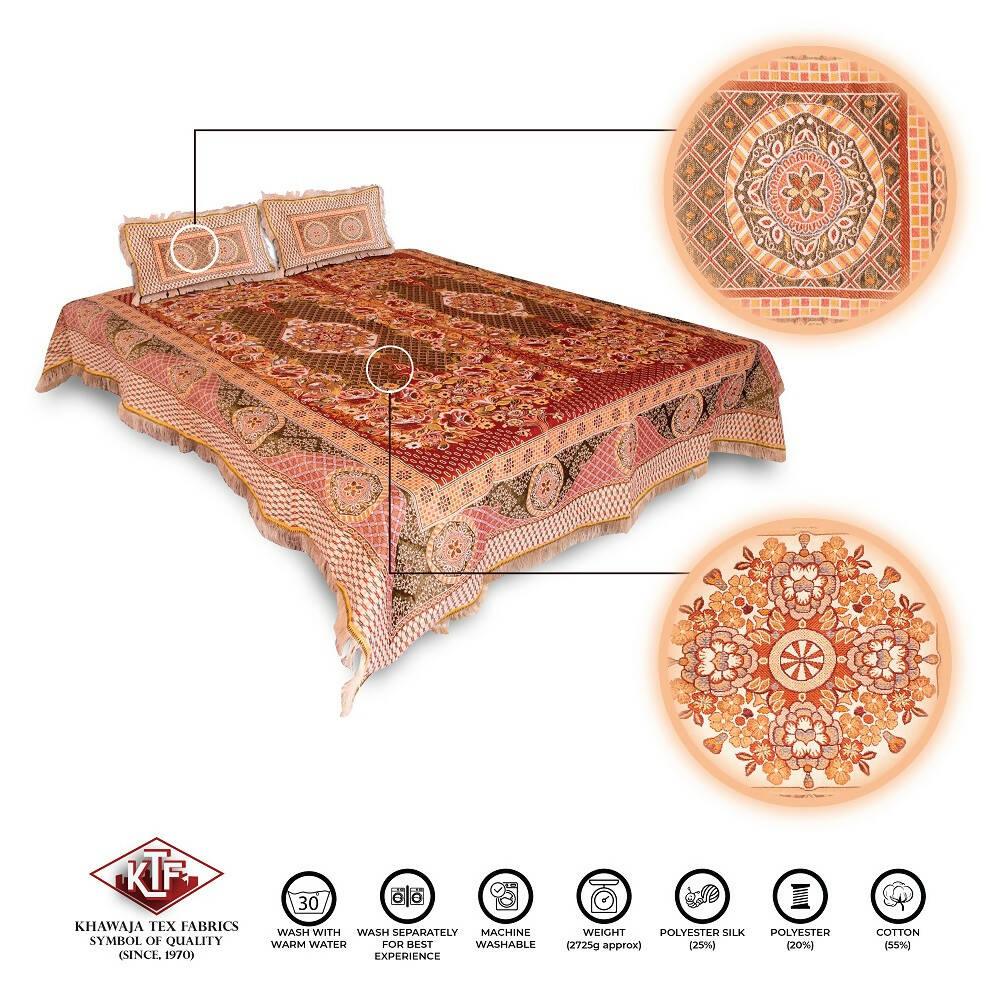 Khawaja King size double bed sheet jacquard traditional hand crafted bed set gultex style multani cotton polyester bed cover with 2 pillow covers A16 - ValueBox